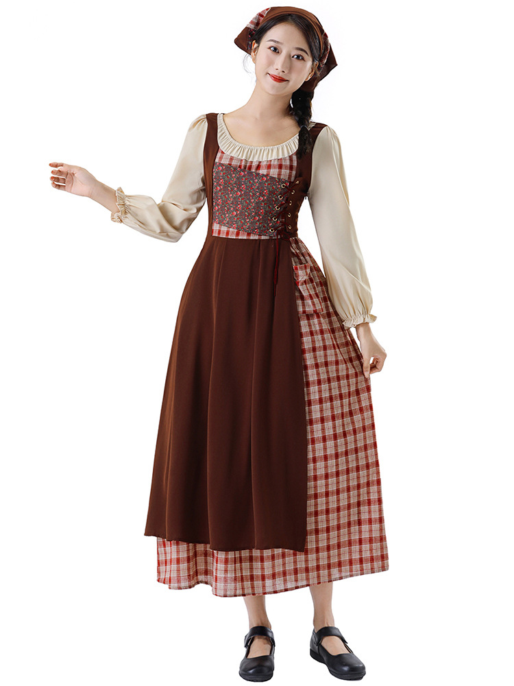 Traditional Dirndl Costume Dress With Cream Long Sleeves And Ankle Length